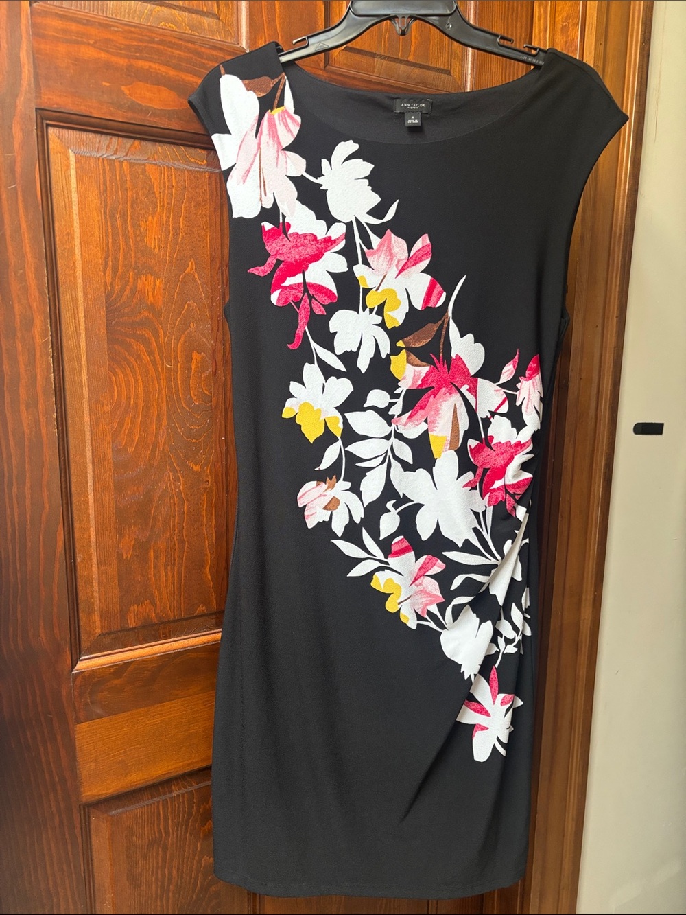 Sleeveless Black Floral Sheath Dress with Pink & White Blooms